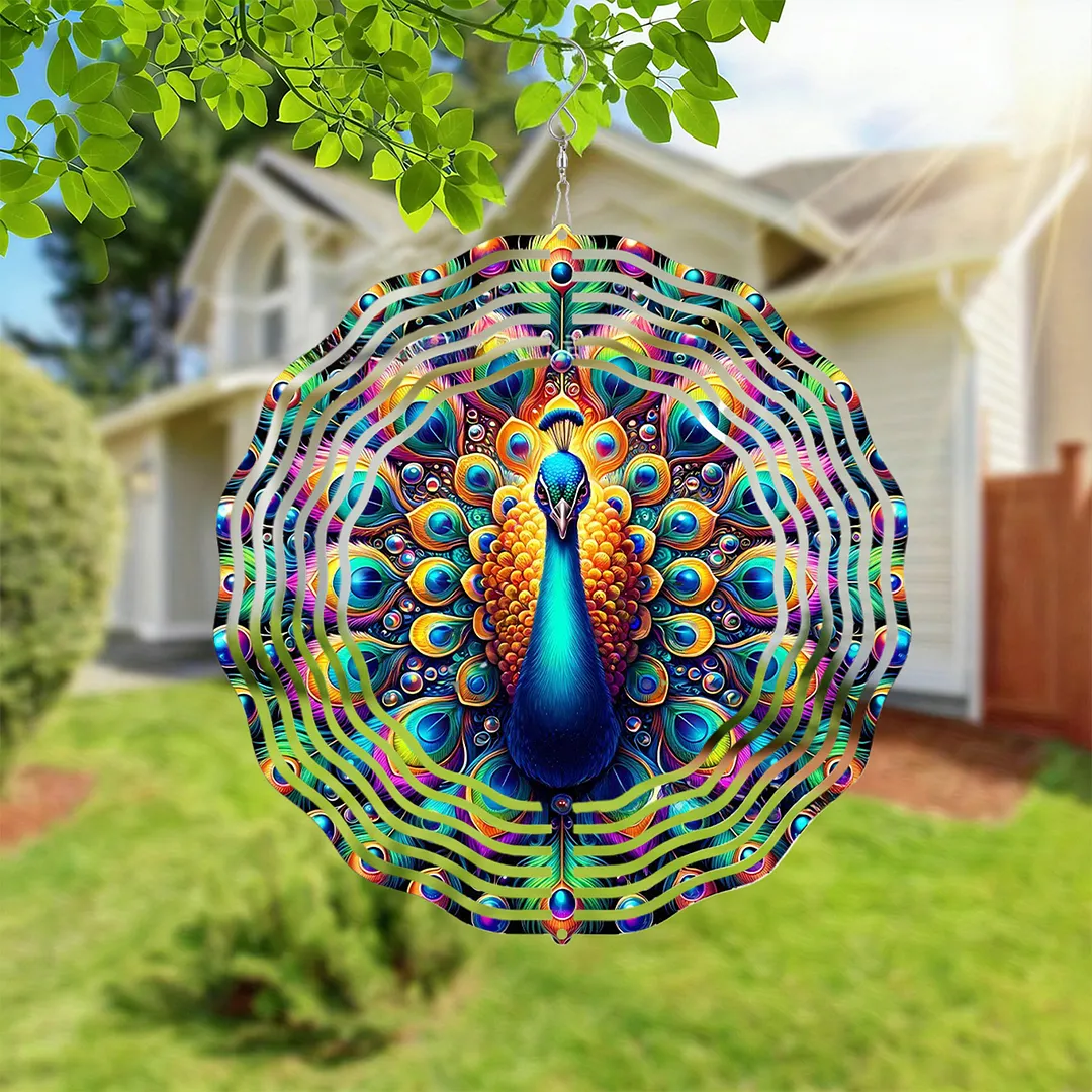 3D Hanging Wind Spinner 360 Degree Rotating 10-Inch Garden Wind Spinners Hanging Wind Catcher Art Gift for Home Garden Halloween Christmas (Peacock)
