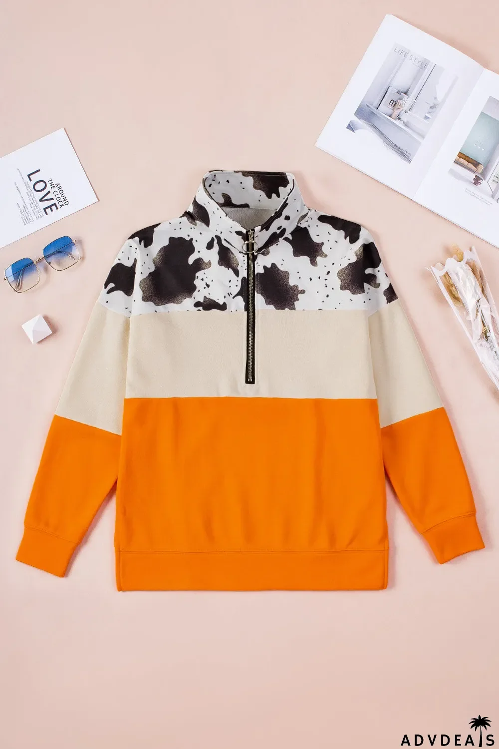 Cow Print Color Block Zip-Up Pullover Sweatshirt