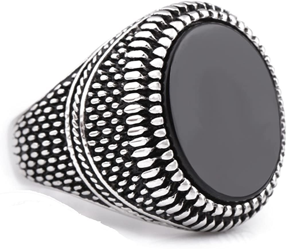 JAJAFOOK Vintage Men's Black Silver Stainless Steel Black Gem Round Signet Rings
