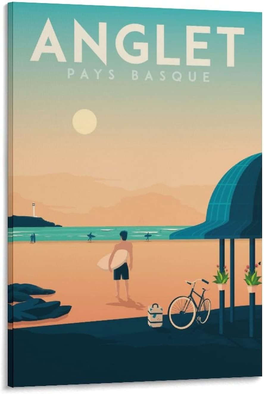 French Basque Country Anglet Vintage Travel Posters Surf Beach Canvas Posters Print Picture Paintings Wall Art for Living Room Bedroom Home Decor 12x18inch(30x45cm)