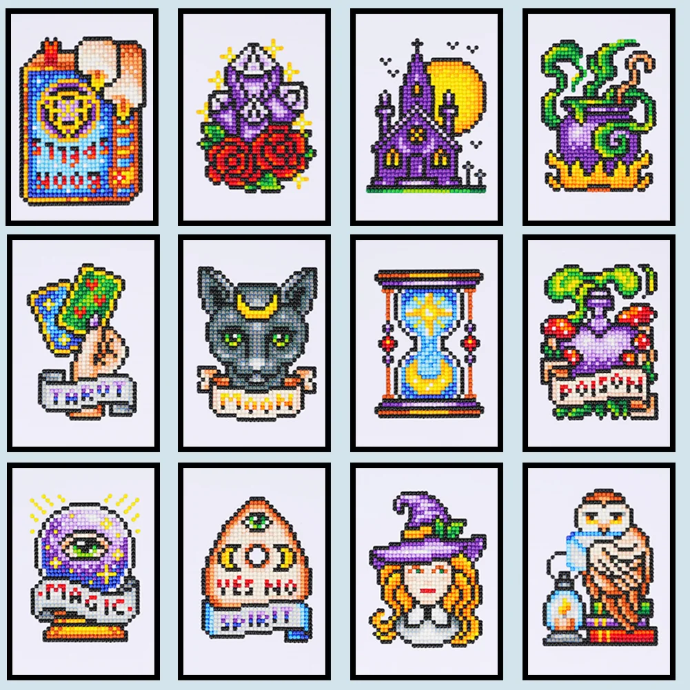 12pcs Witch DIY Mini Partial Round Diamond Painting Set Desktop Decor No Frame(12*17cm)