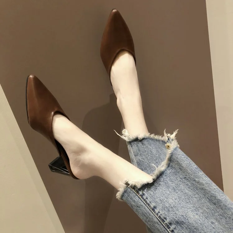 Wongn Wongn Summer New Korean Version Of Pointed Head Half Drag Pointed Head Thick Heel Slippers High Heels Women's Shoes