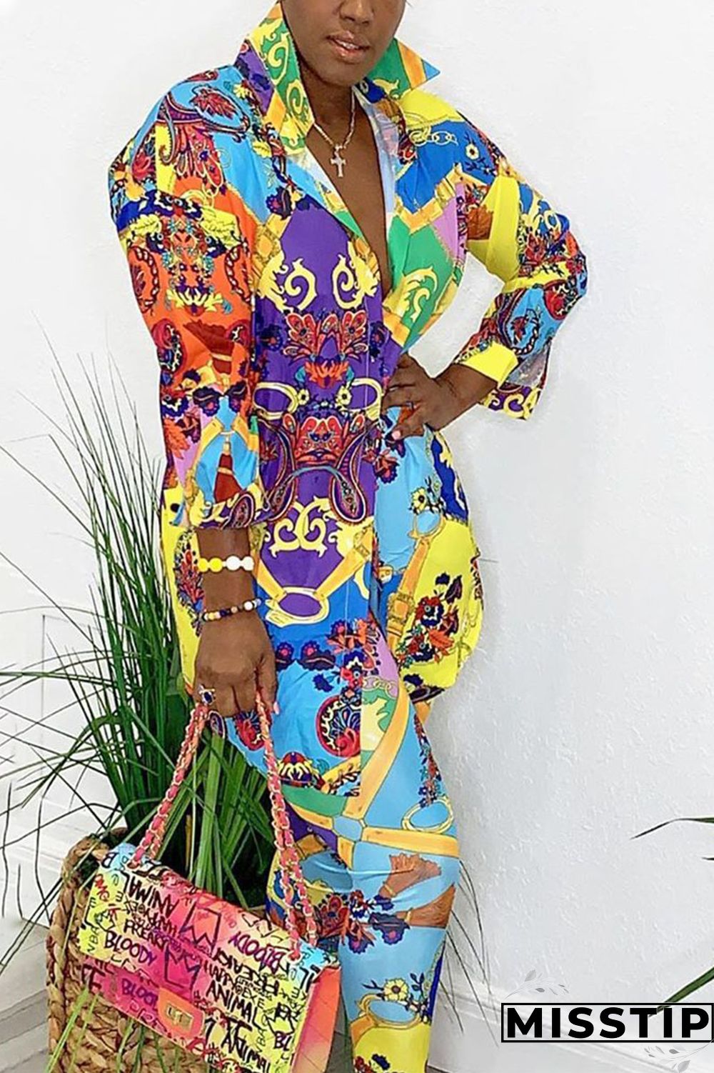 Multi-color British Style Print Shirt Collar Long Sleeve Two Pieces