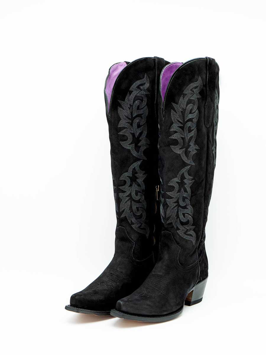 Black Faux Suede Snip Toe Knee-High Embroidered Cowgirl Boots 