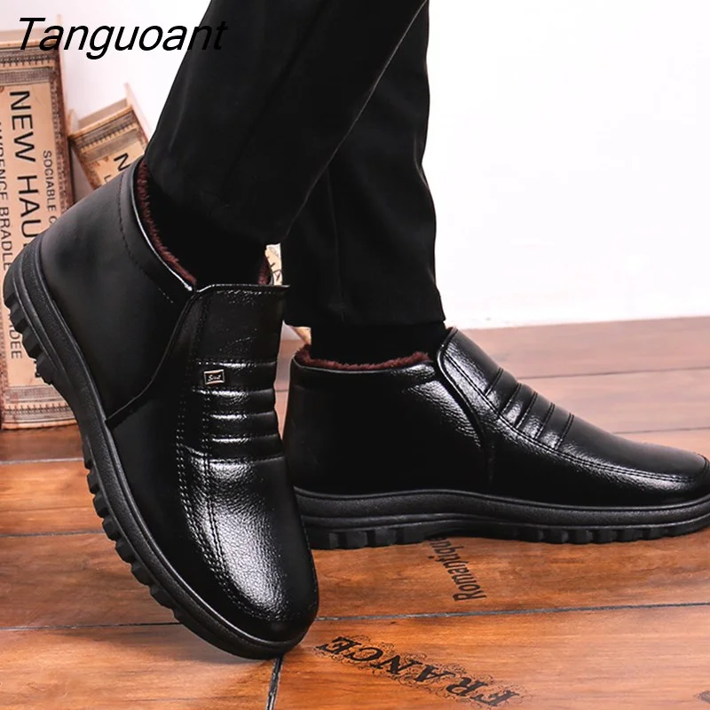 Tanguoant Men Snow Boots Warm Fur Winter Shoes Men Fashion Leather Boots Footwear Men Plus Size Ankle Work Boots Mens Cotton Sneakers