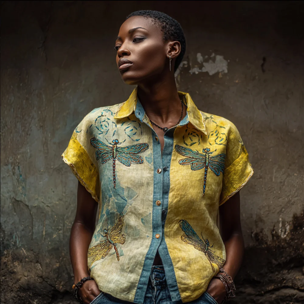 Dragonfly Pattern Vintage-style Turtleneck Short-sleeved Shirt
