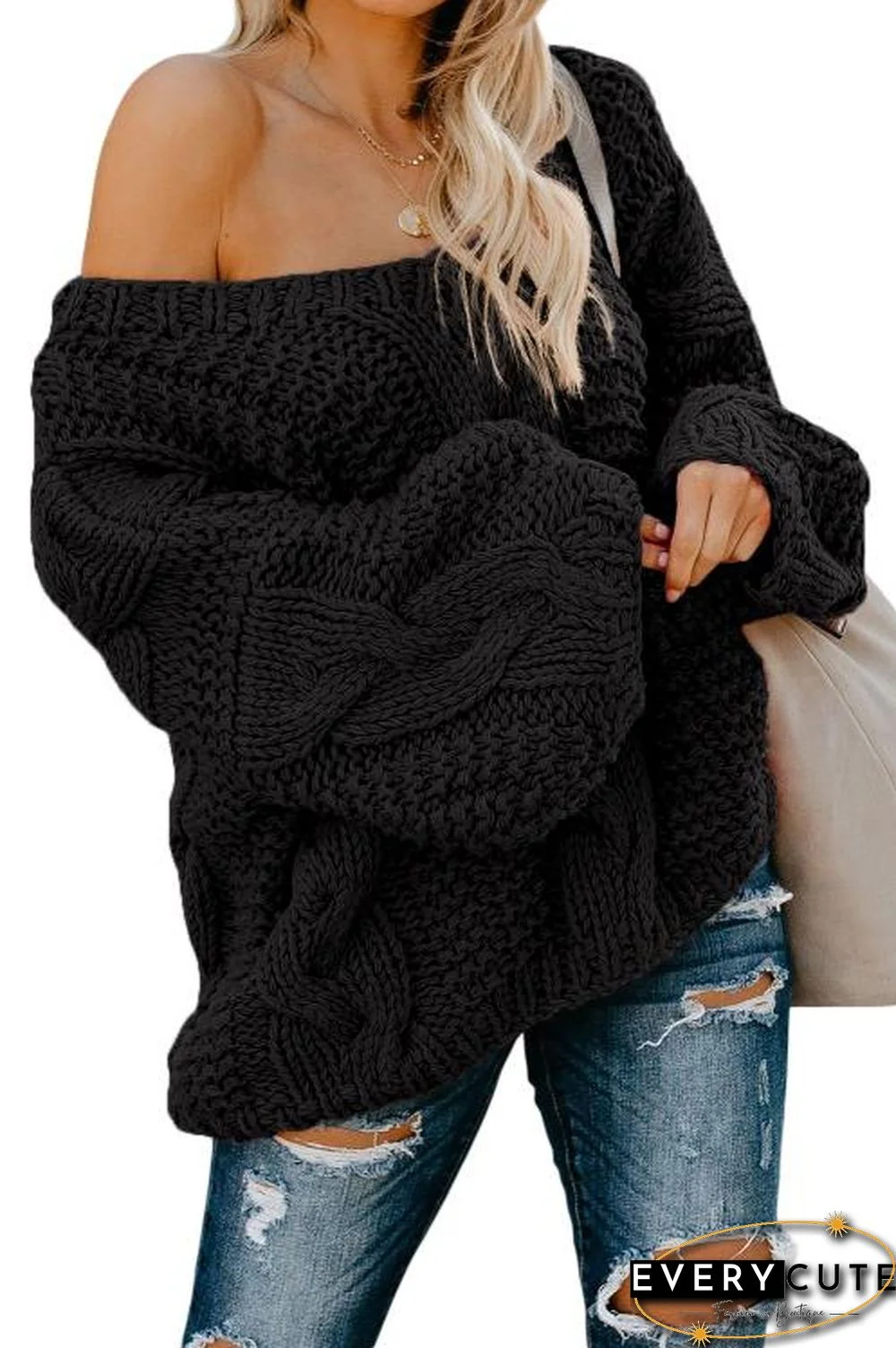 Black Bubblegum V-Neck Braided Knit Sweater