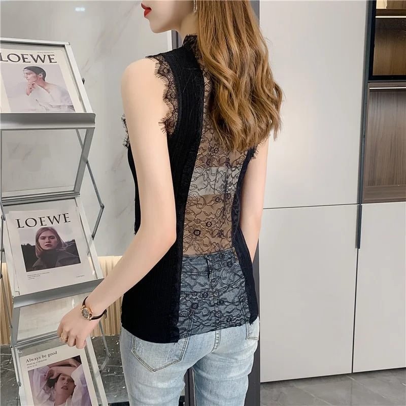 Huibahe Sexy V Neck Lace Knitted Shirt Vest Women Summer Black Slim Ice Sleeveless Blouse Casual Fashion Office Lady Tops 25380