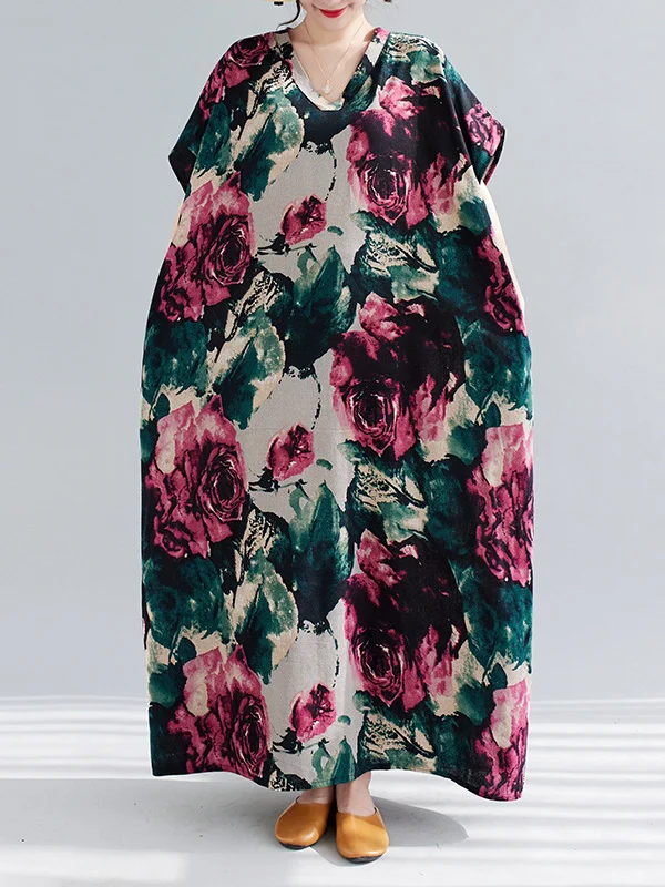 Artistic Retro Short Sleeves Roomy Floral Stamped Contrast Color V-Neck Maxi Dresses