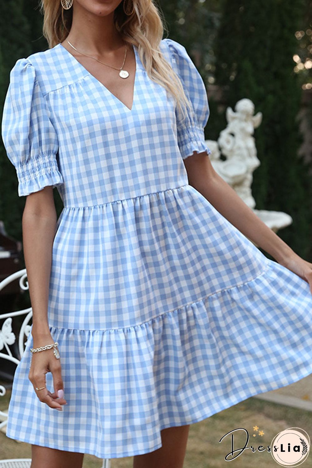 Fashion Sweet Plaid Split Joint V Neck A Line Dresses