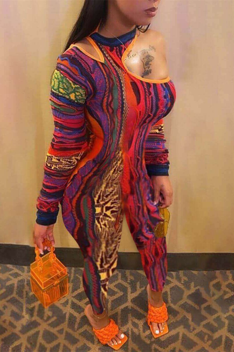 Cutout Shoulder Printed Long Sleeve Jumpsuit