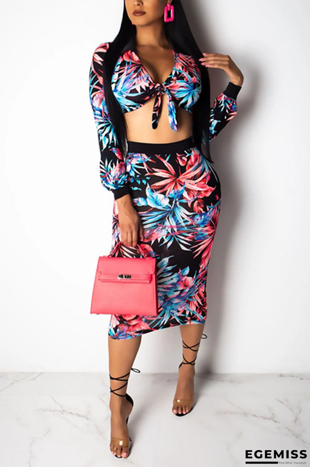 Black Fashion Sexy Bandage Floral crop top Geometric Print Hip skirt Two-Piece Dress | EGEMISS