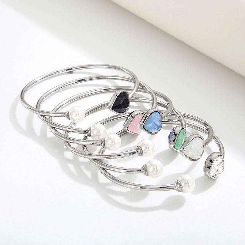 Modern Style Minimalist Heart Shape Stainless Steel Titanium Steel 18K Gold Plated Glass Stone Pearl Bangle In Bulk