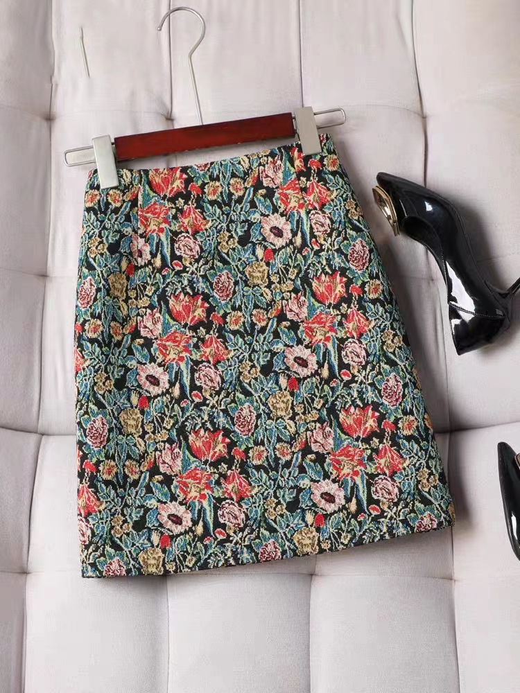 Chic Floral Jacquard Patchwork High Waist Cotton A Line Skirt Spring