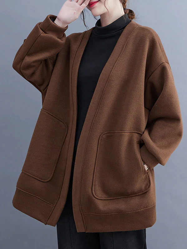 Pockets Solid Color Long Sleeves Loose Collarless Outerwear