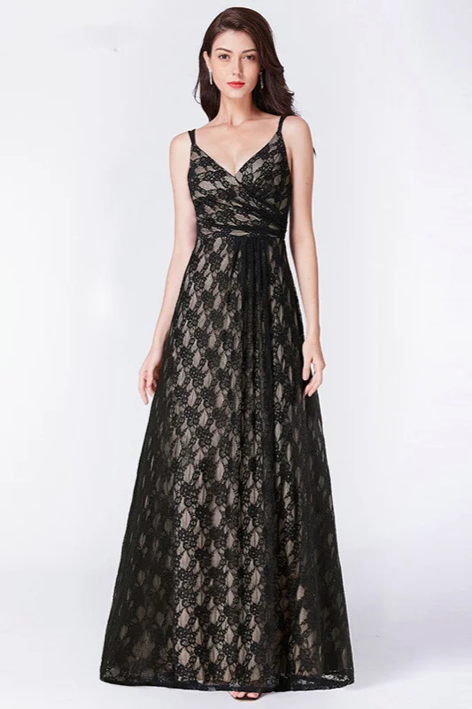 Chic Black V-Neck Lace Prom Dress Long With Zipper Back - lulusllly