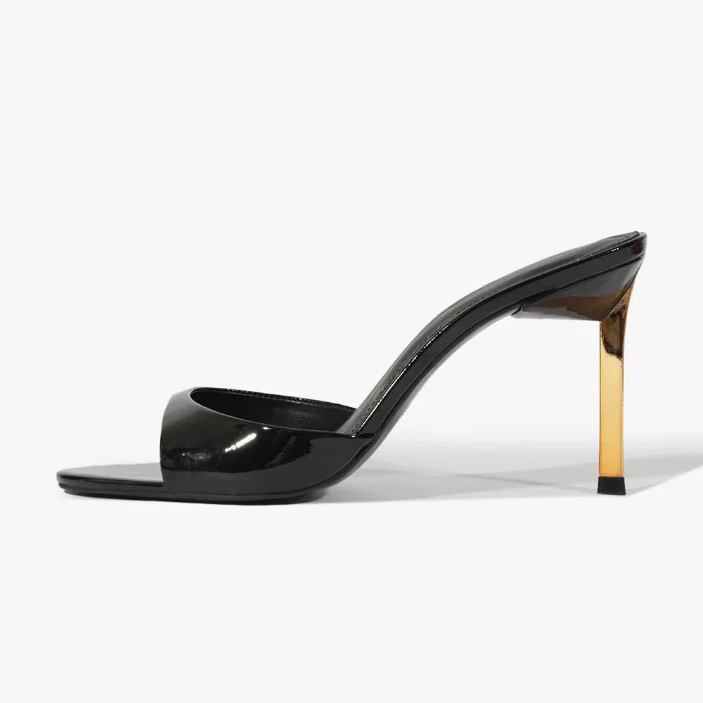 Black Patent Leather Open Round Toe Comfortable High Heel Mules