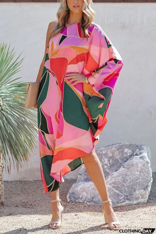 Multi Print Asymmetrical One Shoulder Dress