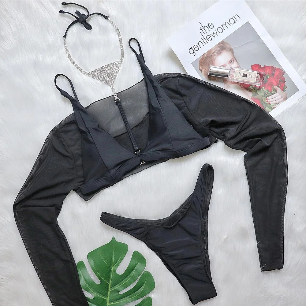 Brownm Brownm New Bikini Sexy Luxury Crystal Diamond Neck Chain Swimsuit Sweater Three-Piece Women's Swimsuit