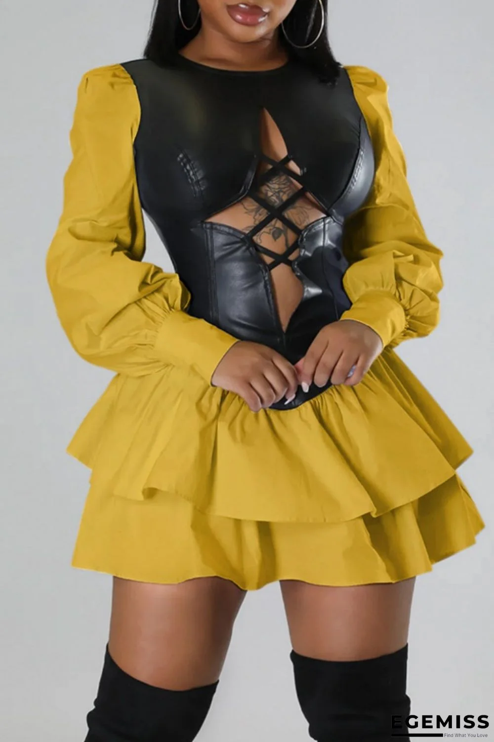 Yellow Casual Solid Hollowed Out Patchwork O Neck Long Sleeve Dresses | EGEMISS