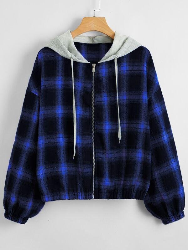 Contrast Hooded Plaid Zip Up Jacket
