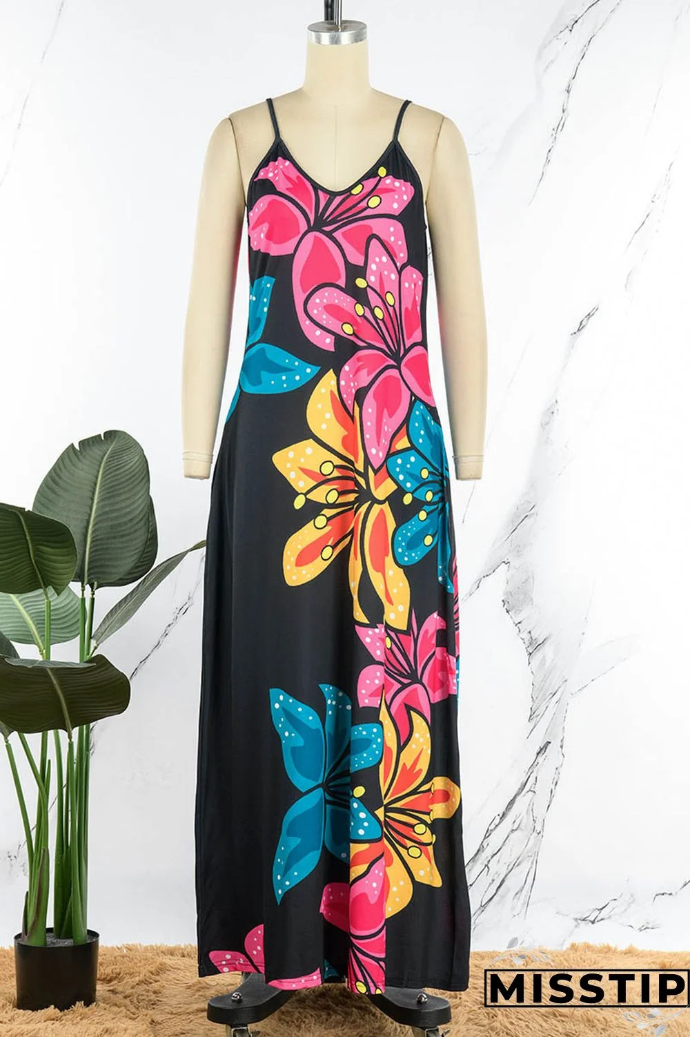 Blue Black Casual Print Patchwork Spaghetti Strap Sling Dress Dresses