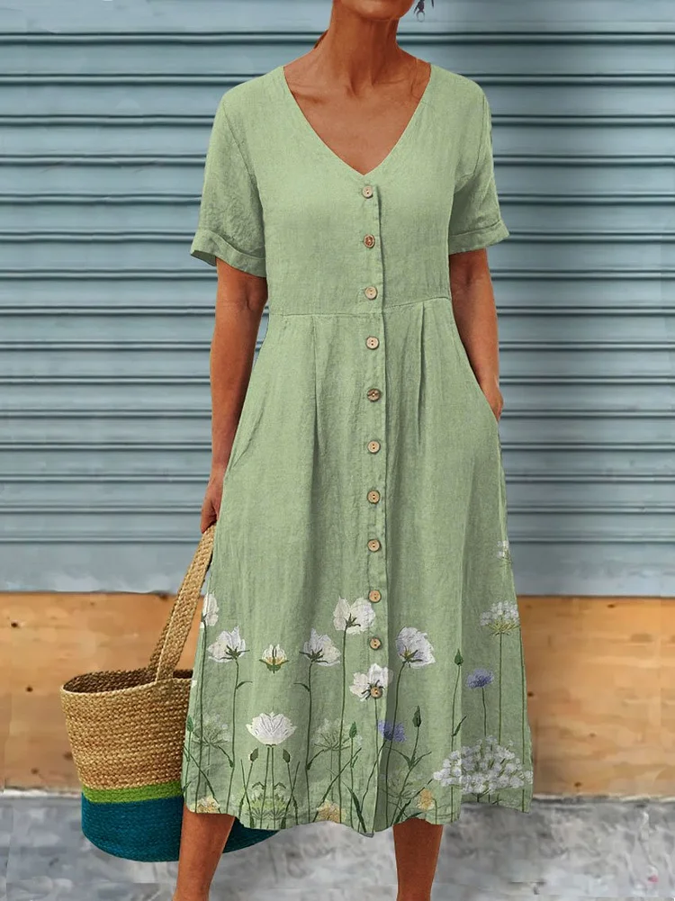 Flower Art Printed Women's Linen Pocket Tunic Dress