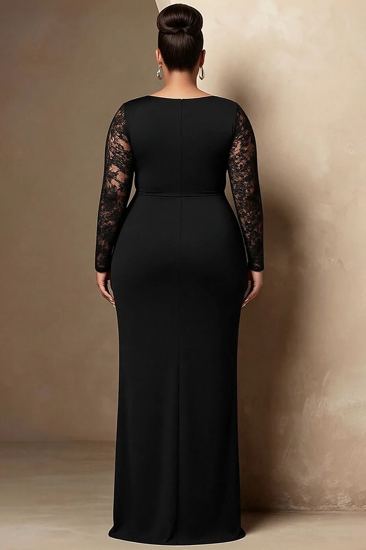 Xpluswear Design Plus Size Formal Black Round Neck Long Sleeve Contrast See Through Lace Maxi Dresses [Pre-Order]