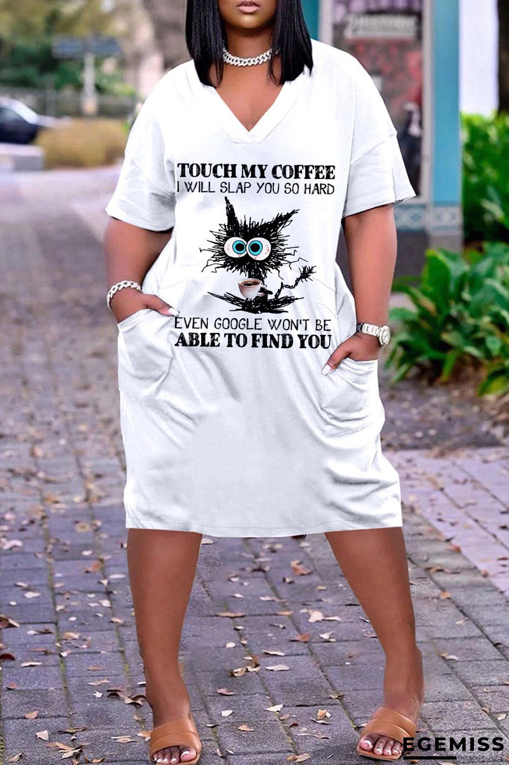 White Black Fashion Casual Print Patchwork V Neck Short Sleeve Dress | EGEMISS