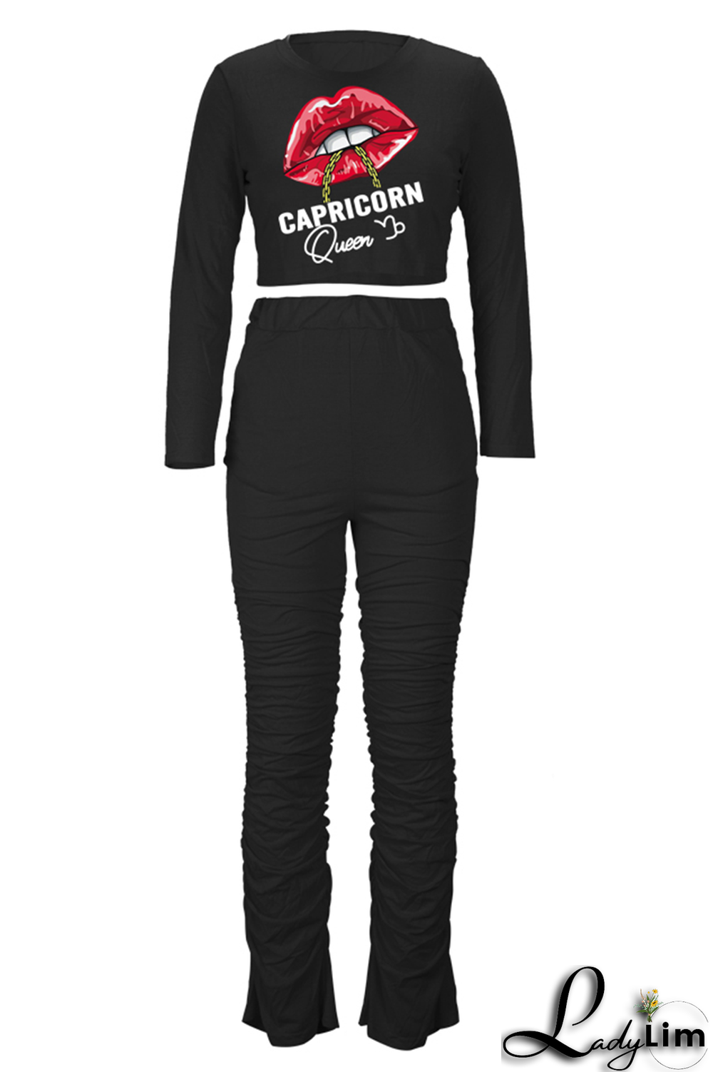 Green Fashion Lips Printed Patchwork O Neck Long Sleeve Two Pieces