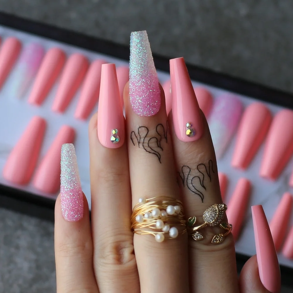 Coffin gel Luxury pink false nails crystal pink glitter ombre french Press on nails box gift Custom packaging-Nail Inspo