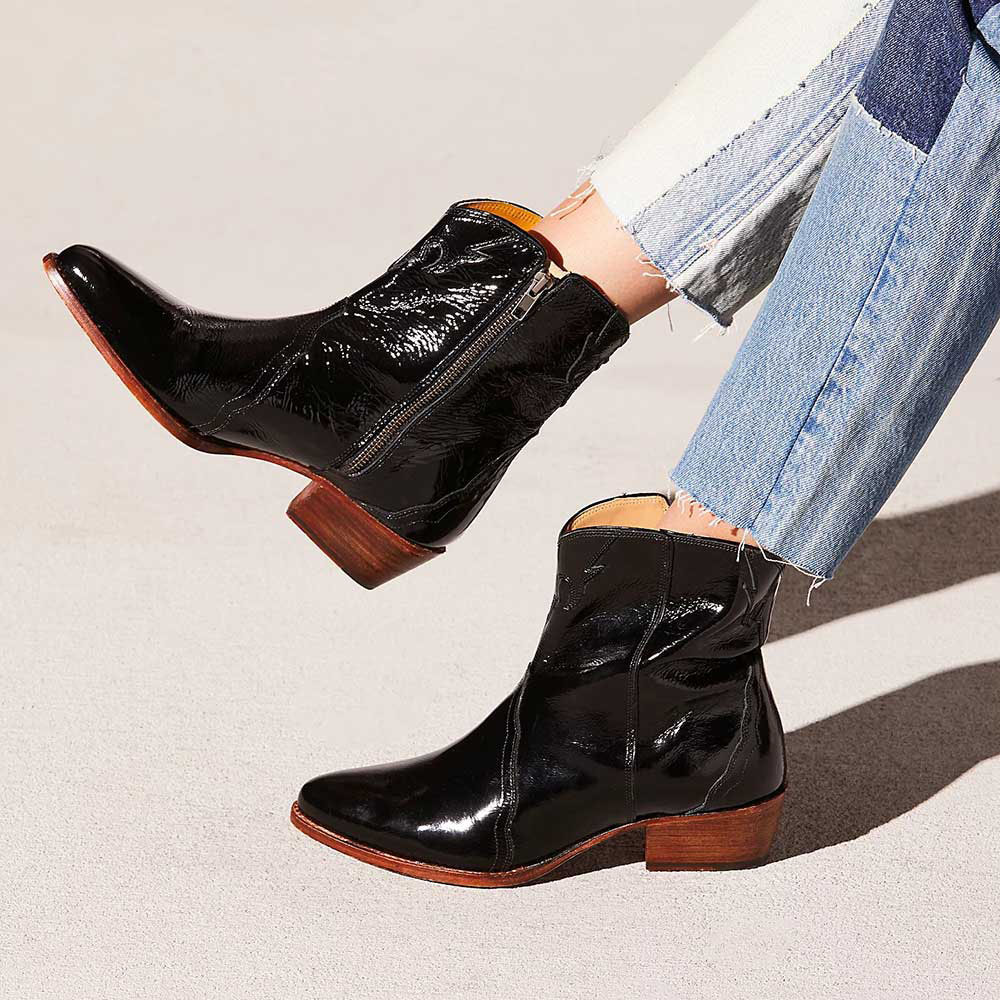 Black Patent Leather Pointed Toe Chunky Heel Western Booties for Women Nicepairs