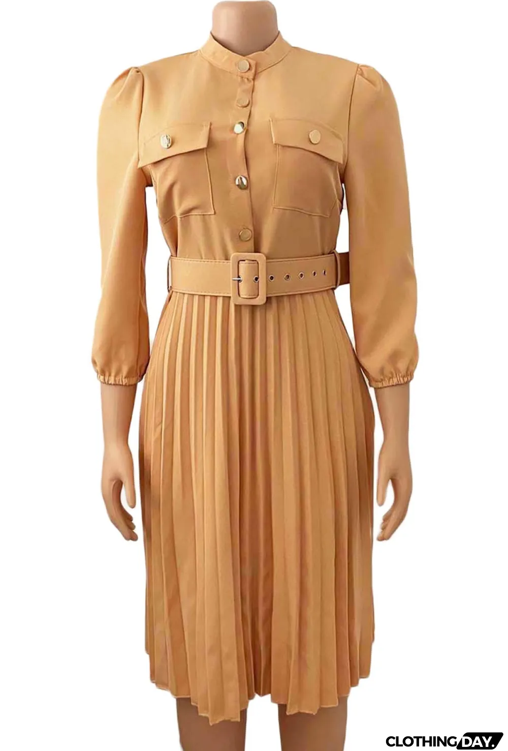 Autumn Professional Khaki Pleated Office Dress with Belt