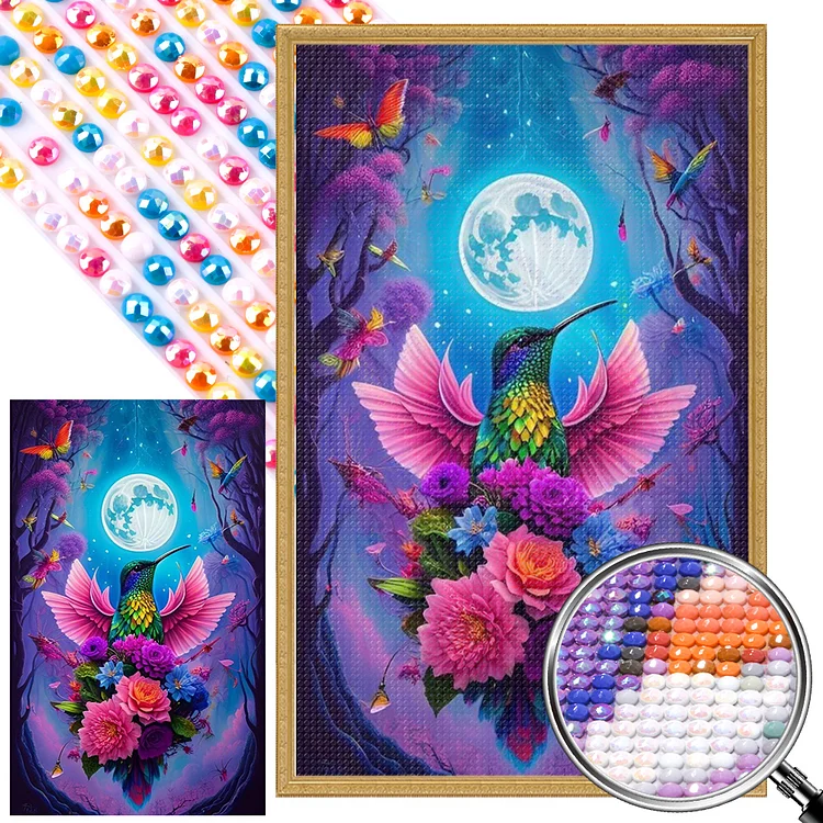 Partial AB Drill - Full Round Diamond Painting - Hummingbird And Flowers Under Moon 40*65CM