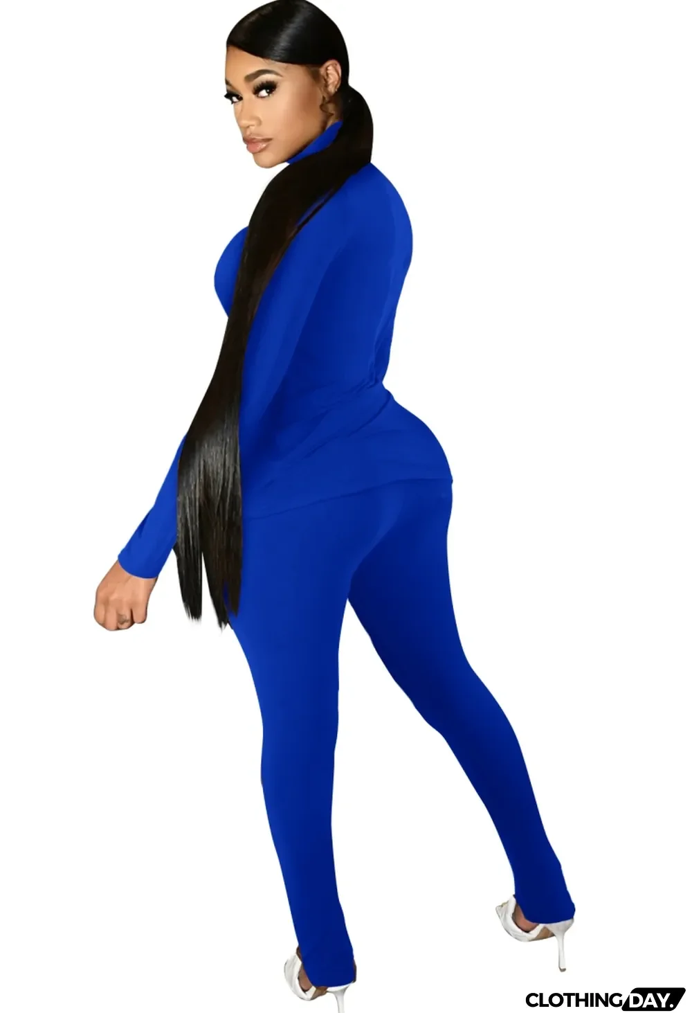 Autumn Casual Blue Turtleneck Shirt and Pants Matching Set