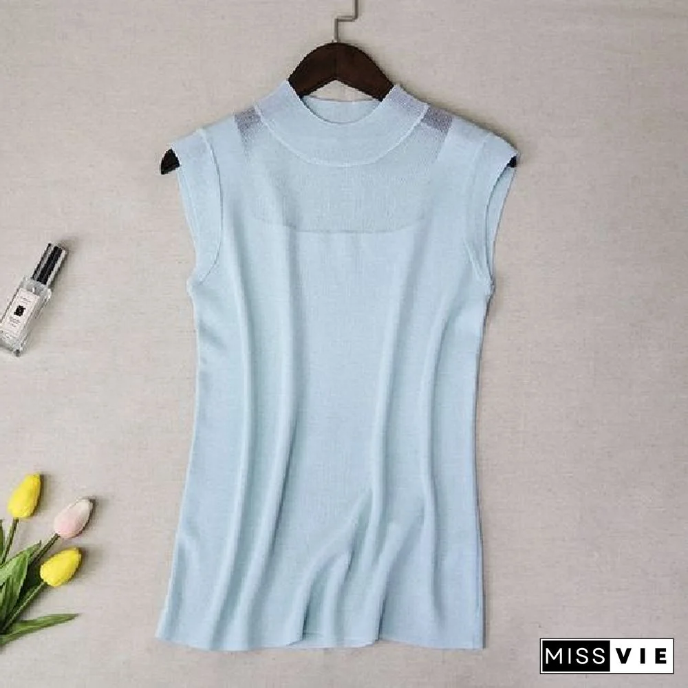 Hollow Out Sleeveless Women Knitted T Shirts Turtleneck Black Lace Sexy Lady Vest T Shirts Pink Loose Summer Thin Knit Tops