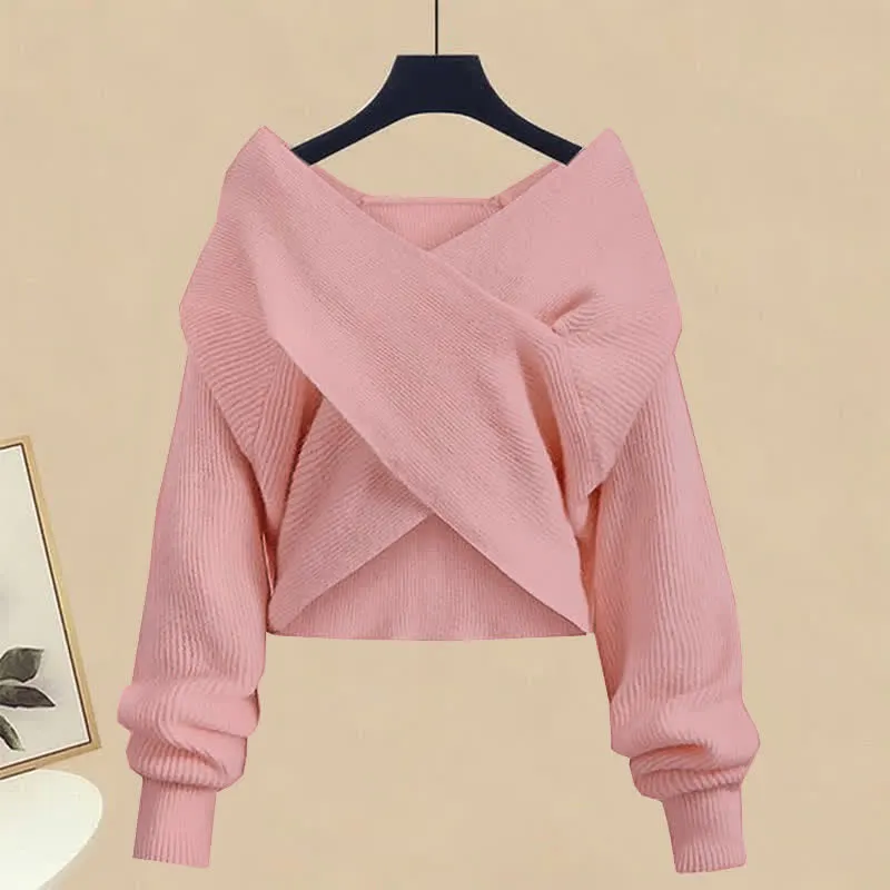 Chic Cross Knit Crop Sweater Casual Suit Pants