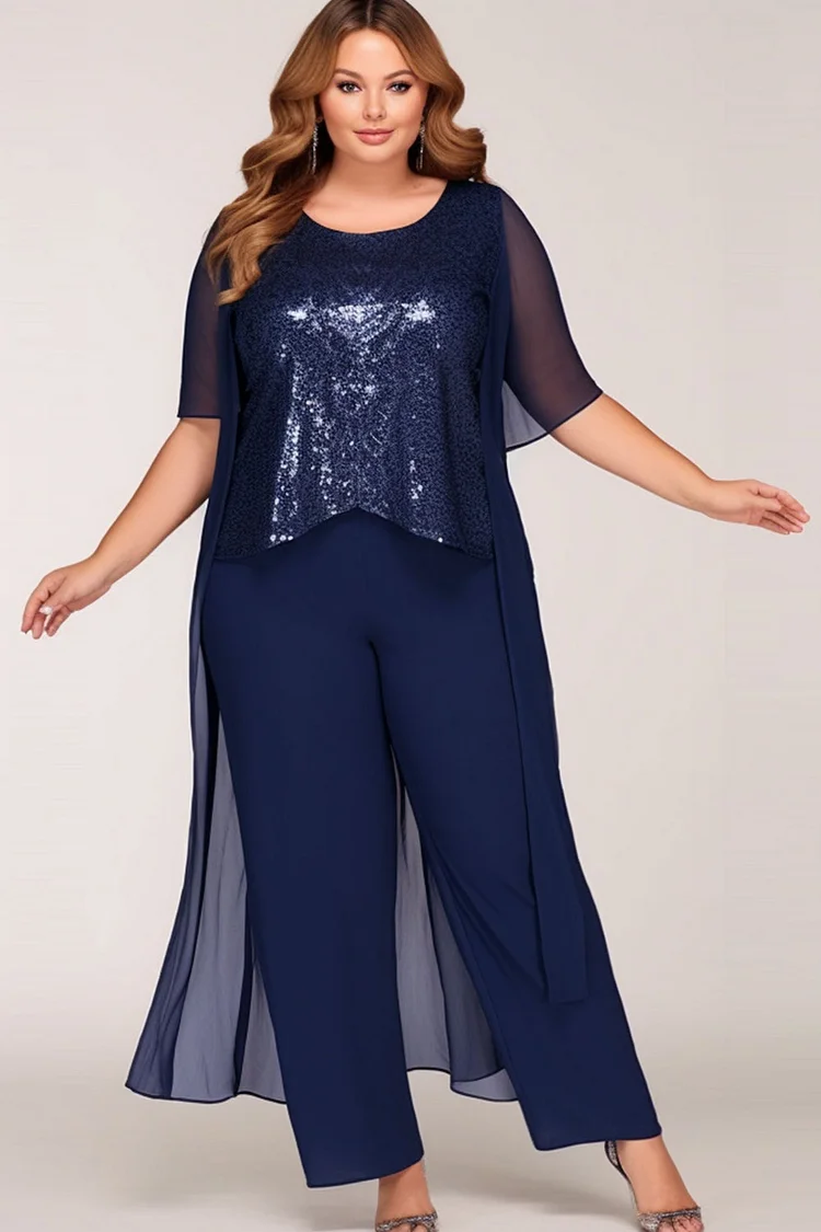 Flycurvy Plus Size Mother Of The Bride Navy Blue Round Neck Sequin Batwing Sleeve Three Piece Pant Suit With Jacket  Flycurvy [product_label]