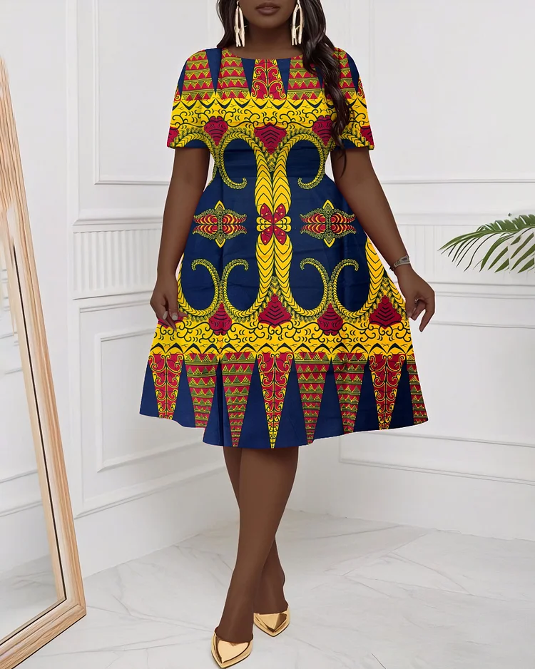 African Fabric Ankara Print Short Sleeve Midi Dress