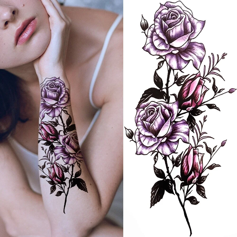 Fake Flower Rose Temporary Tattoos For Women Girl Peony Daisy Deer Moon Tattoos Sticker Black Cluster Body Art Painting Tatoos