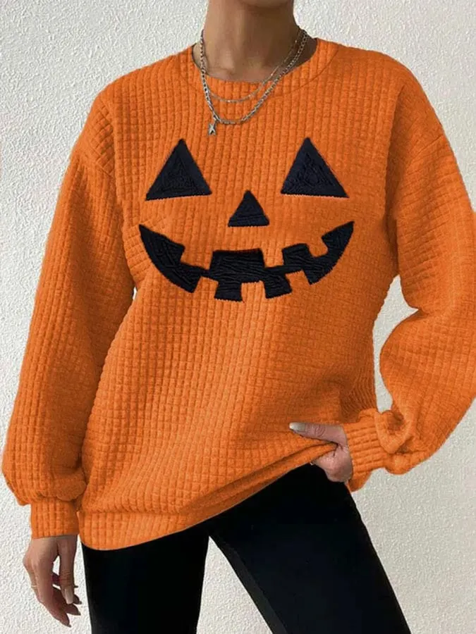 Women's Casual Autumn Maple Leaf Pumpkin Checkered Sweatshirt 