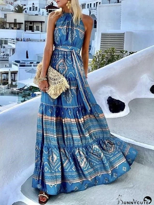 Casual Dress Swing Dress Boho Dress Long Dress Maxi Dress Blue Sleeveless Geometric Print Spring Summer Crew Neck Modern Loose Fit S M L XL XXL for Women