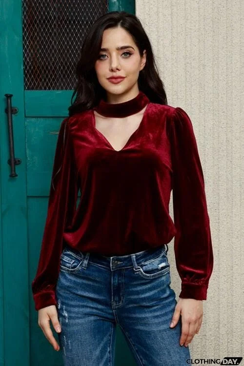 Cutout Puff Sleeve Velvet Blouse