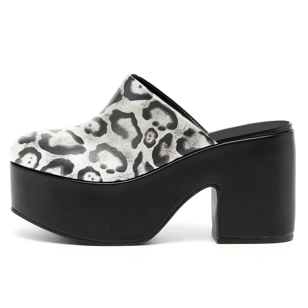 Black & White Block Heel Platform Mules Shoes with Leopard Print