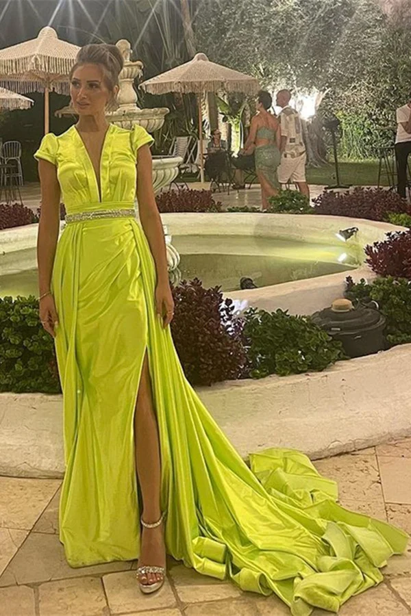 Luluslly Yellow Green V-Neck Mermaid Evening Dress Cap Sleeves With Slit