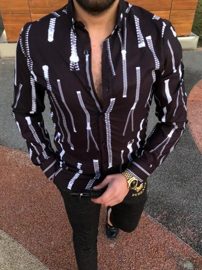 Mens Shirt Collar Zipper Print Long Sleeve Shirt