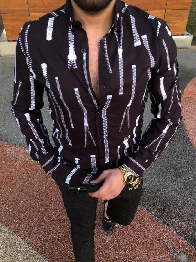 Mens Shirt Collar Zipper Print Long Sleeve Shirt