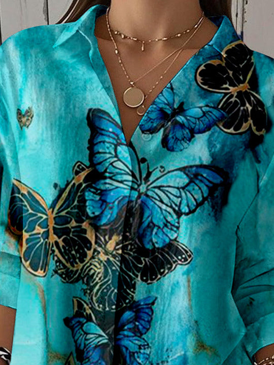 Women 3/4 Sleeve Shirt Collar Floral Printed Graphic Button Tops