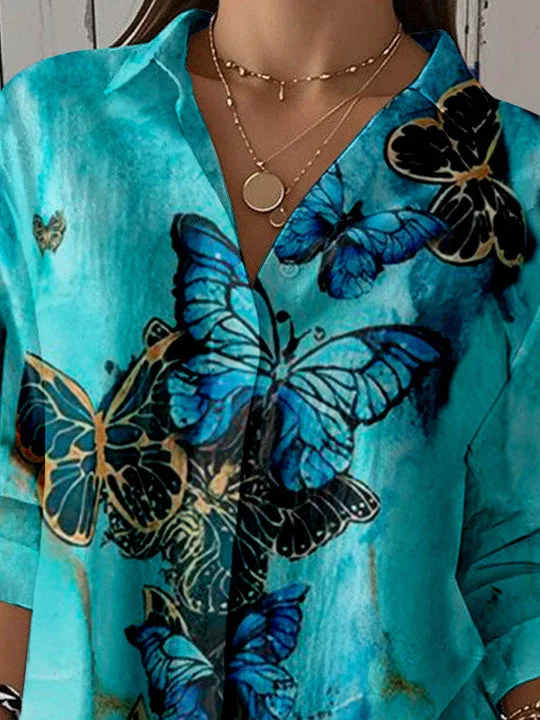 Women 3/4 Sleeve Shirt Collar Floral Printed Graphic Button Tops