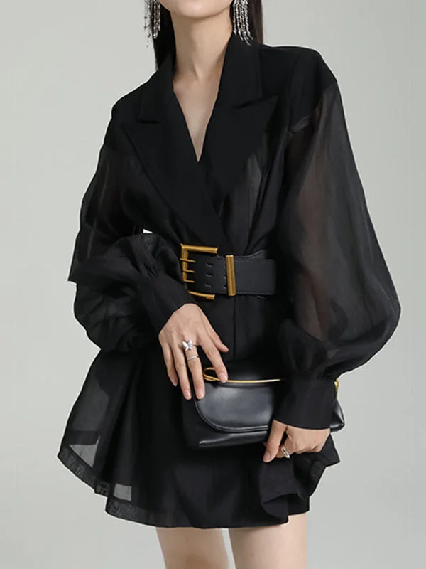 See-Through Split-Joint Tied Waist Loose Puff Sleeves Lapel Blouses & Shirts Tops